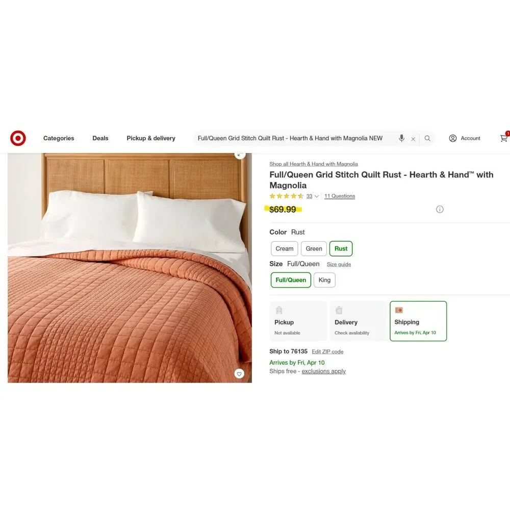 Full/Queen Grid Stitch Quilt Rust - Hearth & Hand with Magnolia NEW